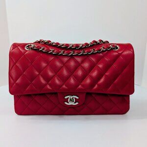 Chanel Rare Red 17b Classic Medium Quilted Lambskin Double Flap Bag